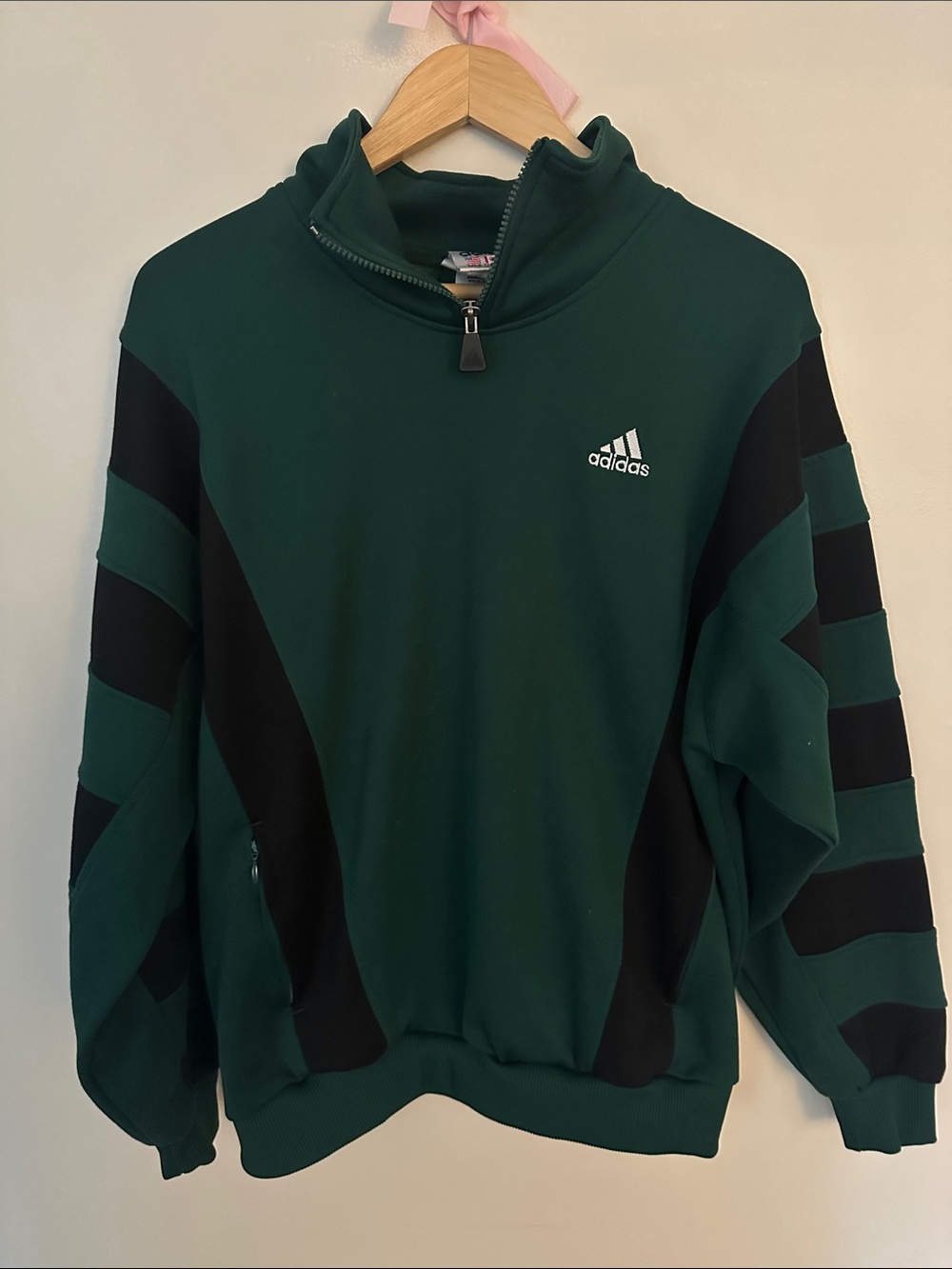 Vintage adidas Men’s Dark Green and Black Zip-Neck Pullover